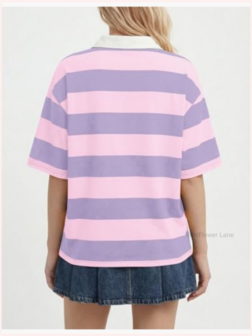 Oversized Striped Rugby Polo Shirt V-Neck Short Sleeve Summer Top - Picture 3 of 5
